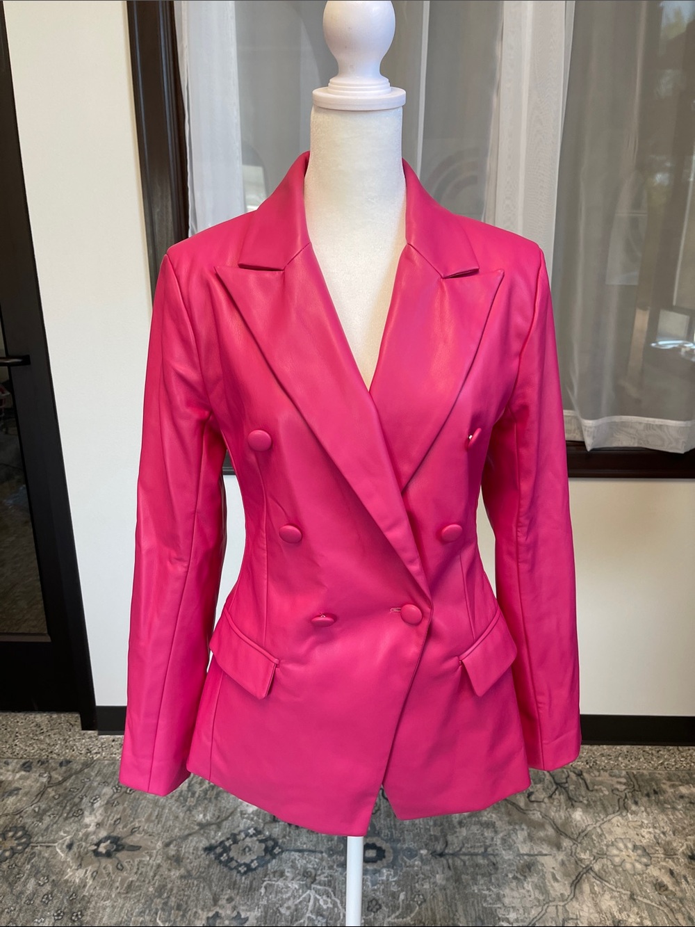 Women's Double-Breasted Hot Pink Vegan Leather Blazer Jacket